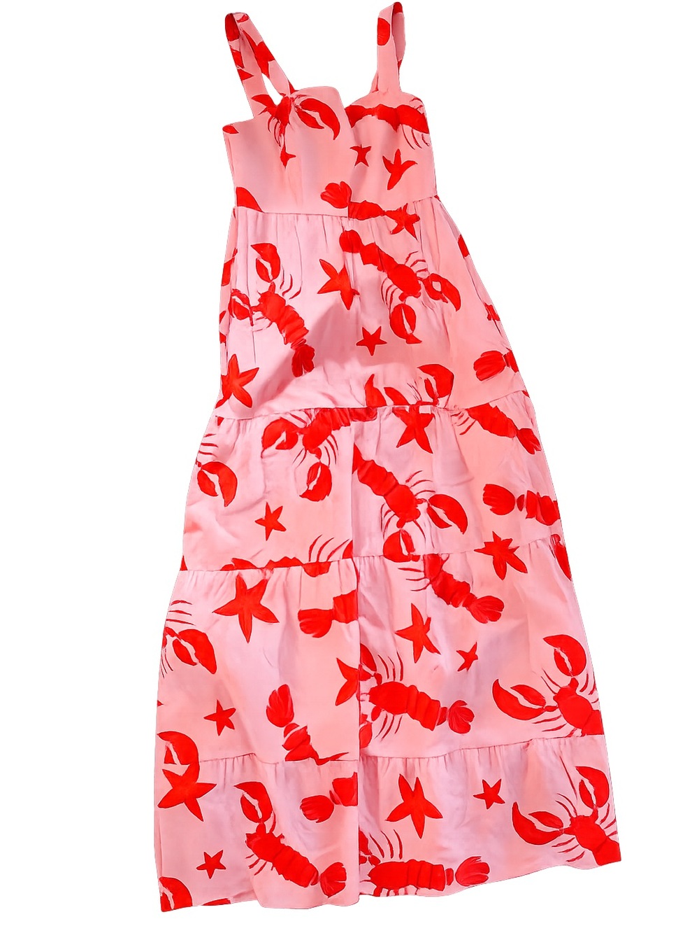 NWT J.Crew Pink Lobster Print Tiered Midi Dress Coastal Summer Beach Dress